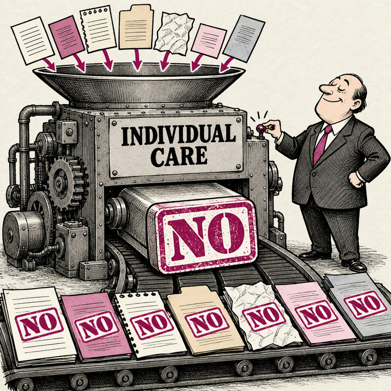 Democrawonk — A machine labeled Individual Care stamps NO on varied patient files as a suited official turns a knob.