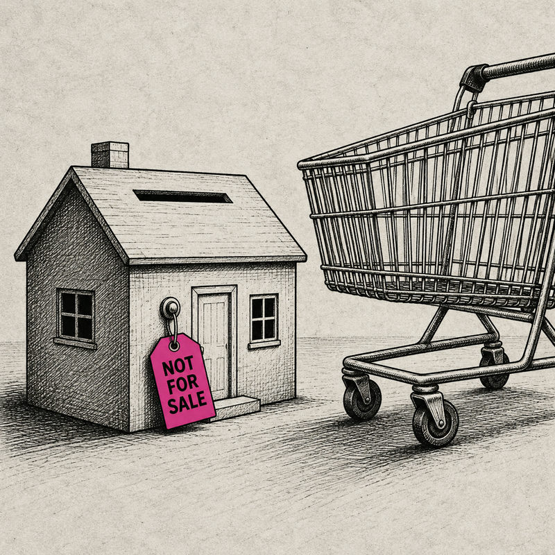 Democrawonk — A house-shaped ballot box carries a pink NOT FOR SALE tag beside an oversized empty shopping cart, drawn in black ink on off-white newsprint.