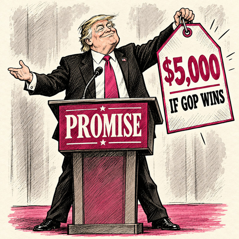 Trump holds a large $5,000 IF GOP WINS tag above a campaign lectern marked PROMISE.