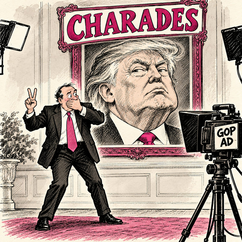 An anonymous candidate plays charades before a GOP Ad camera, covering his mouth and raising two fingers beneath an enormous framed Trump portrait.