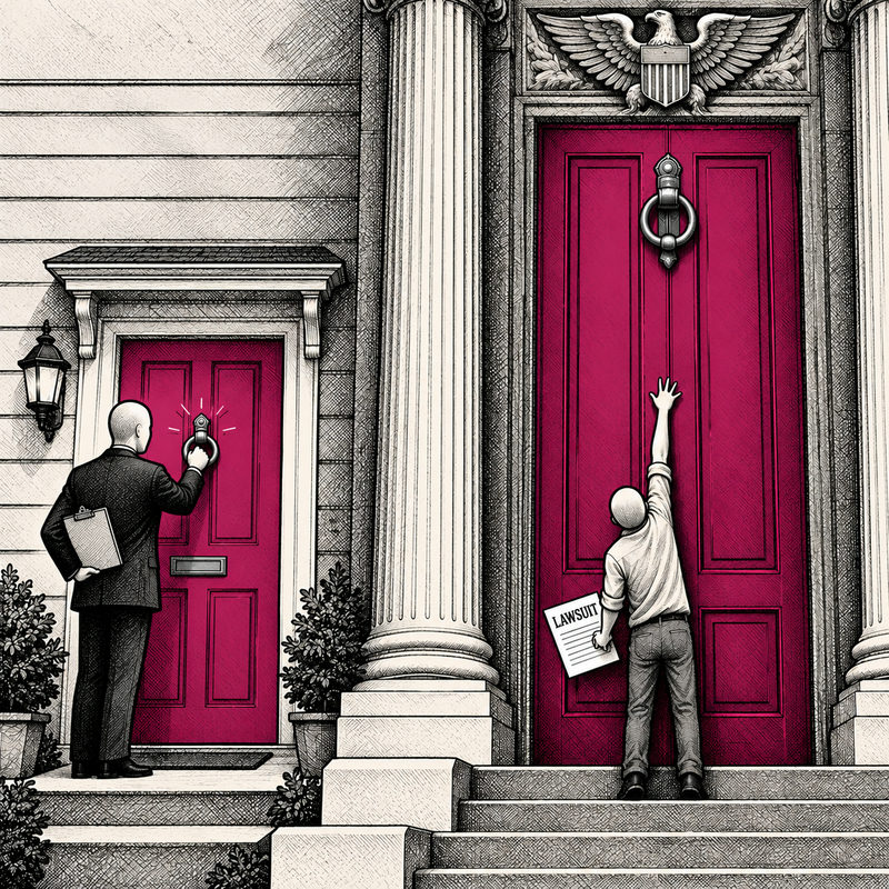 Democrawonk — An official easily knocks on a small private door while a person holding a LAWSUIT reaches toward an impossibly high knocker on a monumental government door.