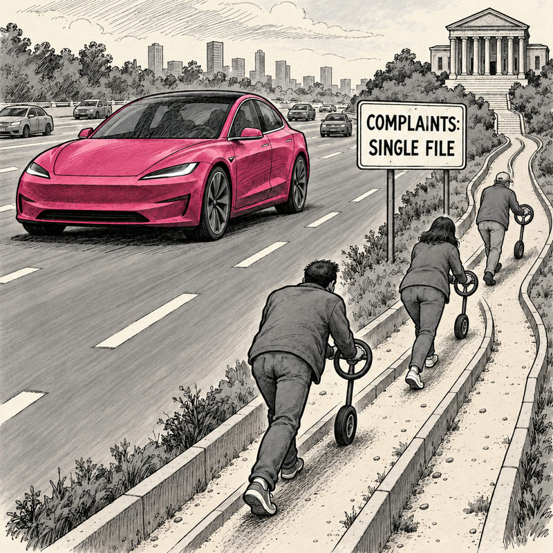 Cartoon pink sedan on a broad road beside customers pushing tiny steering wheels toward a courthouse under a Complaints: Single File sign.