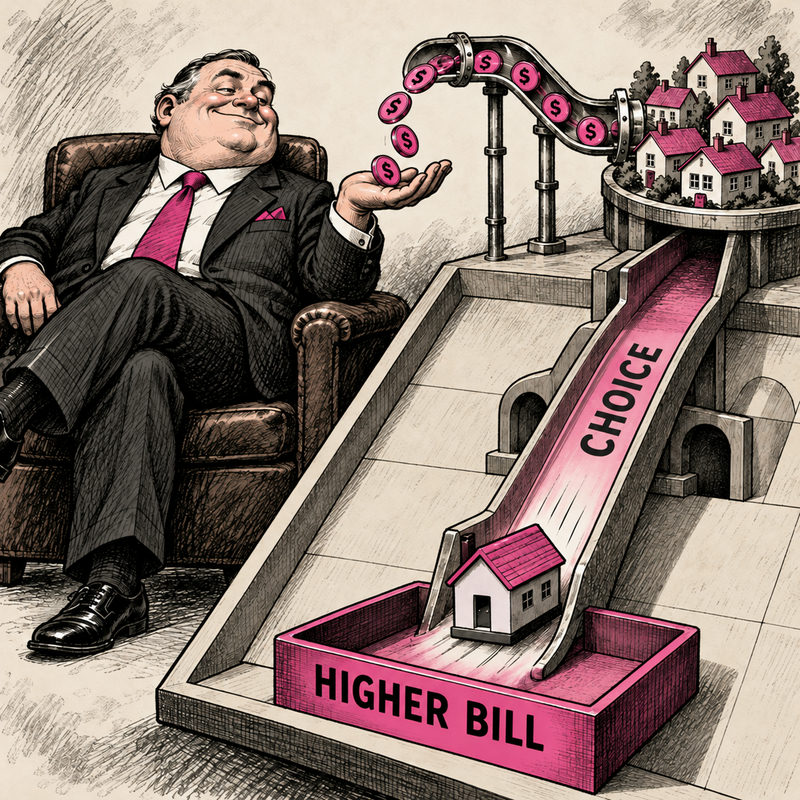 Democrawonk — A house slides down a chute labeled Choice into Higher Bill while dollar coins flow from neighboring houses to a seated supplier.