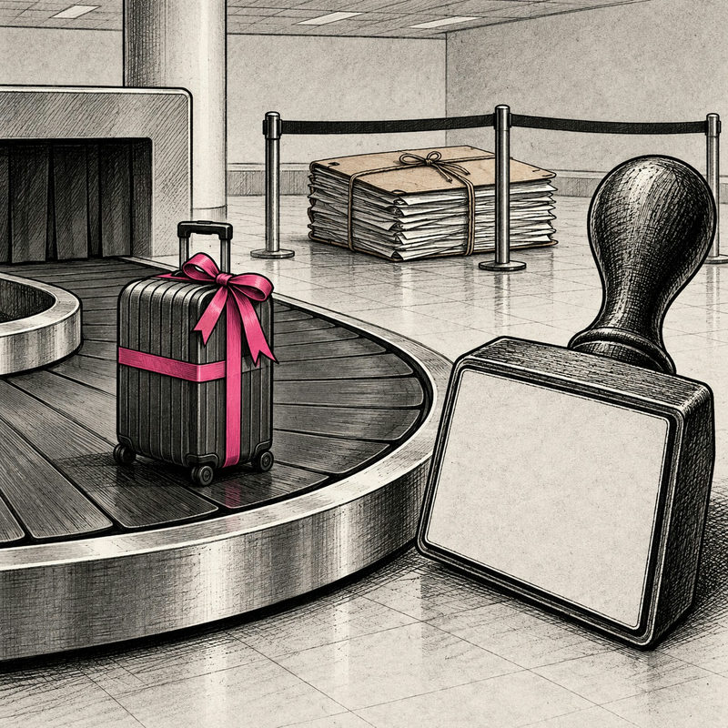 Democrawonk — A pink-ribbon suitcase sits on an airport carousel beside a blank stamp, while a tied legal file remains behind a barrier.