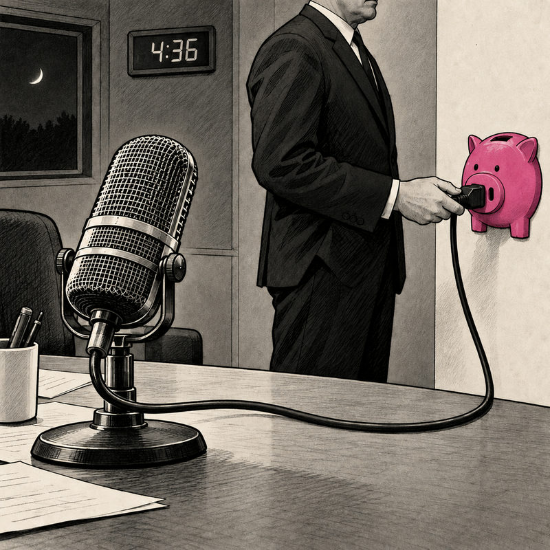 Democrawonk — A generic suited official holds the still-connected plug of a radio microphone at a pink piggy-bank-shaped outlet, with a 4:36 clock and dark window behind the desk.