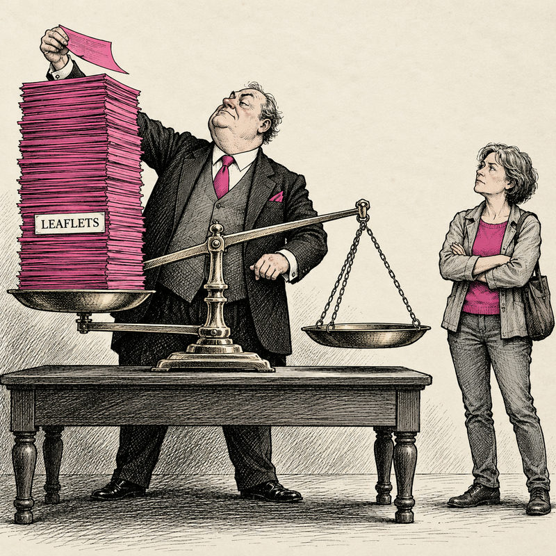 Democrawonk — A suited politician heaps pink leaflets onto a balance scale while a skeptical voter stands beside its empty pan.