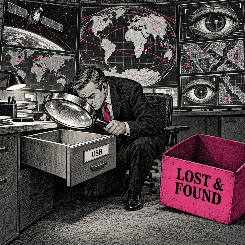Democrawonk — An intelligence officer searches an empty USB drawer with a giant magnifying glass while a wall of surveillance screens and an empty pink lost-and-found box surround him.