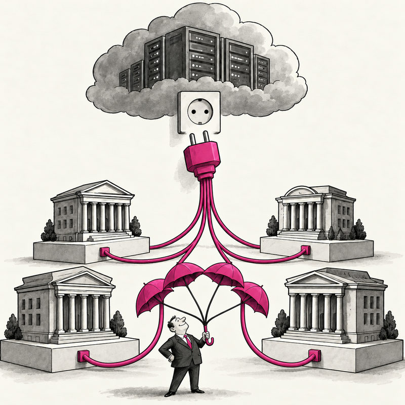 Cartoon of four banks linked to one unplugged cloud connection while a man holds four umbrellas sharing one handle.