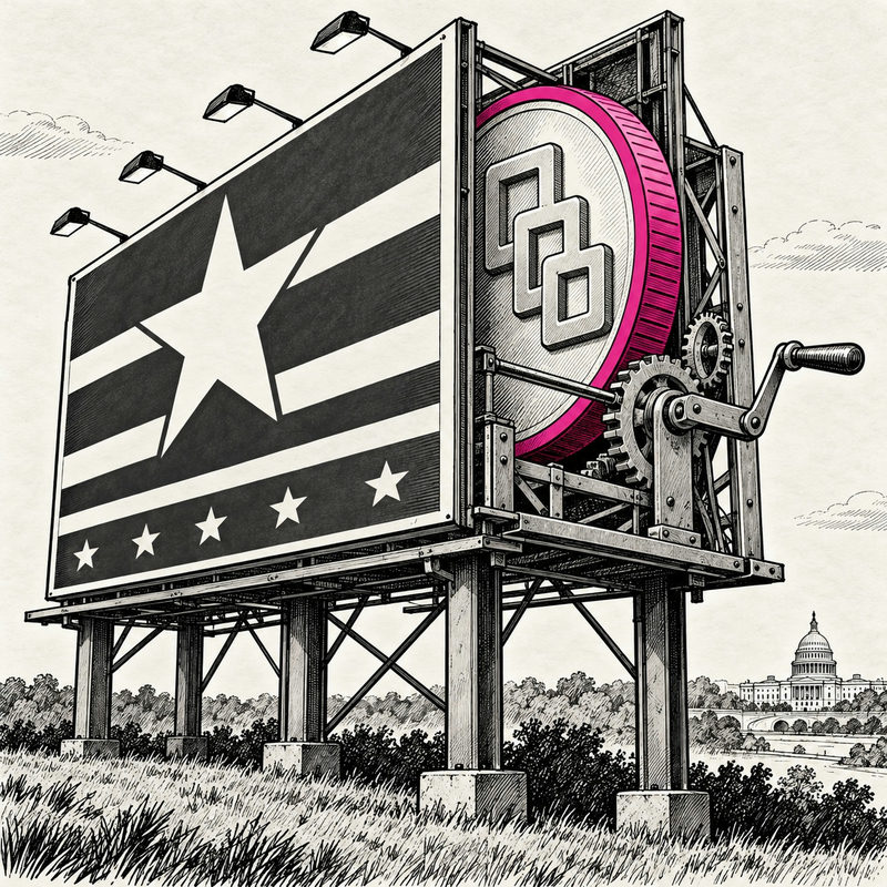 Democrawonk — A generic star-covered campaign billboard is powered from behind by a giant pink-rimmed coin and hand crank, with the Capitol in the distance.