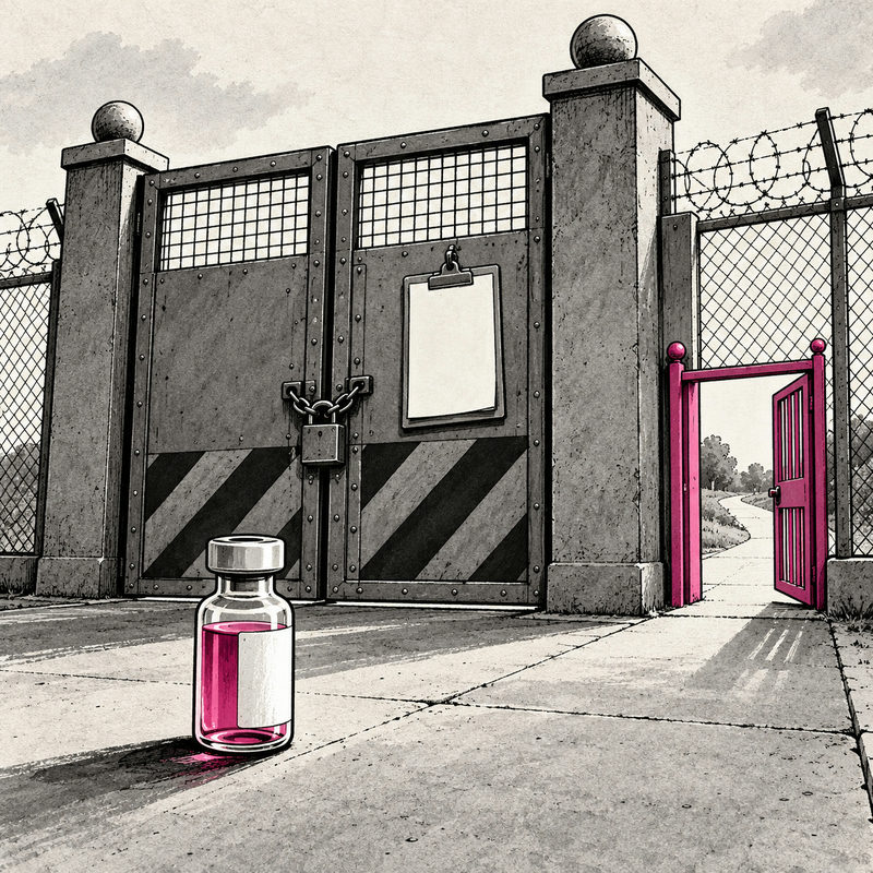 Democrawonk — An unlabeled vial stands before a locked inspection gate with a blank clipboard, beside a small open pink side gate.