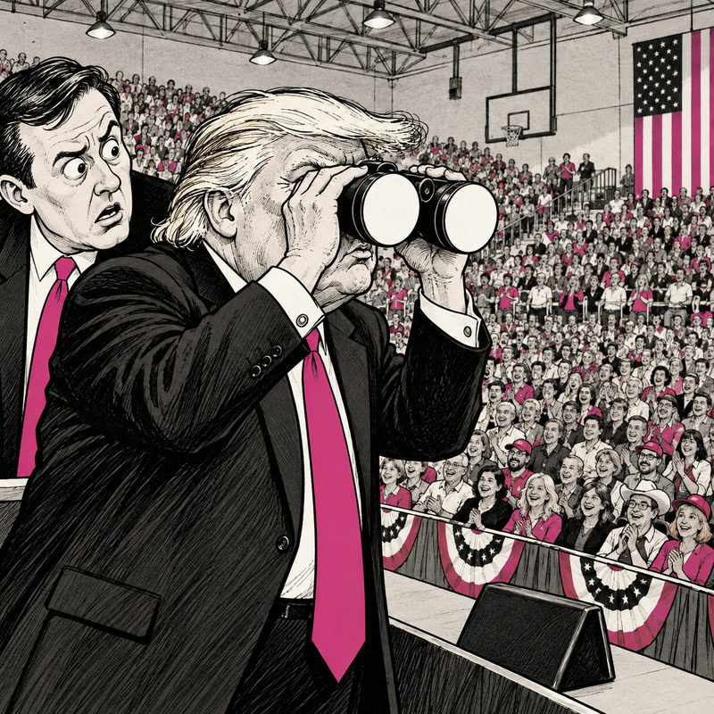 Democrawonk — Trump looks toward a crowded gym through binoculars with covered lenses.