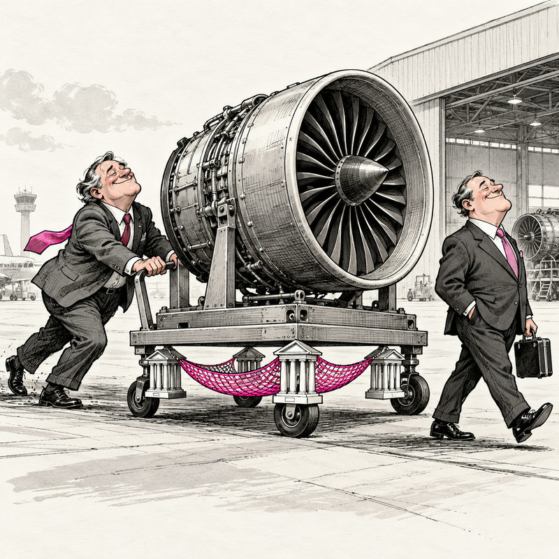 An official pushes a large jet engine on a wheeled platform with a pink safety net while an airline executive strolls ahead.