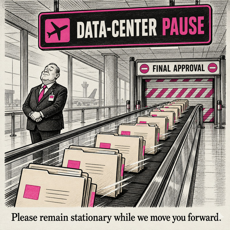 Democrawonk — Permit folders travel on a moving walkway beneath a DATA-CENTER PAUSE sign toward a closed FINAL APPROVAL barrier while an official stands still. Caption: Please remain stationary while we move you forward.