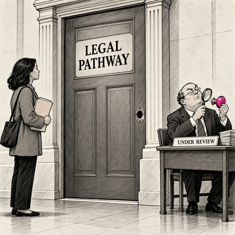 Democrawonk — A bureaucrat examines a detached doorknob while an applicant waits at the Legal Pathway door.