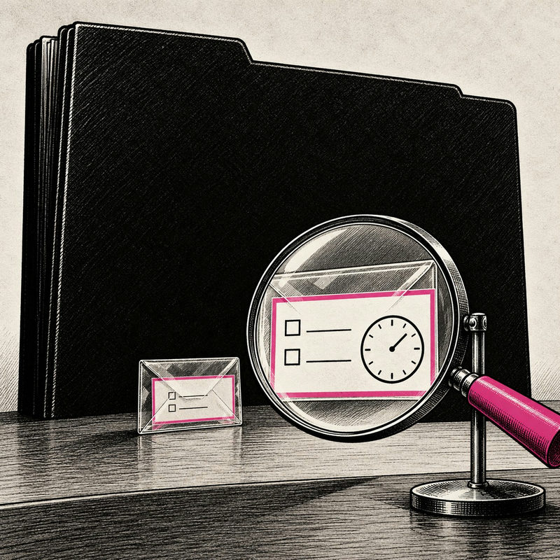 Democrawonk — A magnifying glass enlarges a delivery receipt and clock icon beside an opaque black folder.