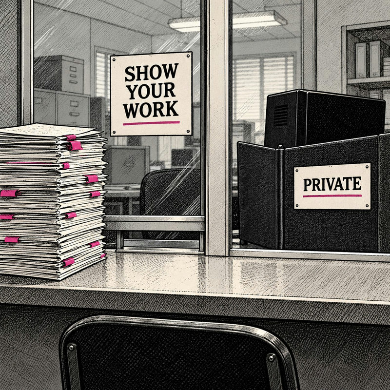 Democrawonk — A government counter demands SHOW YOUR WORK beside a paper stack while its computer sits behind a screen marked PRIVATE.