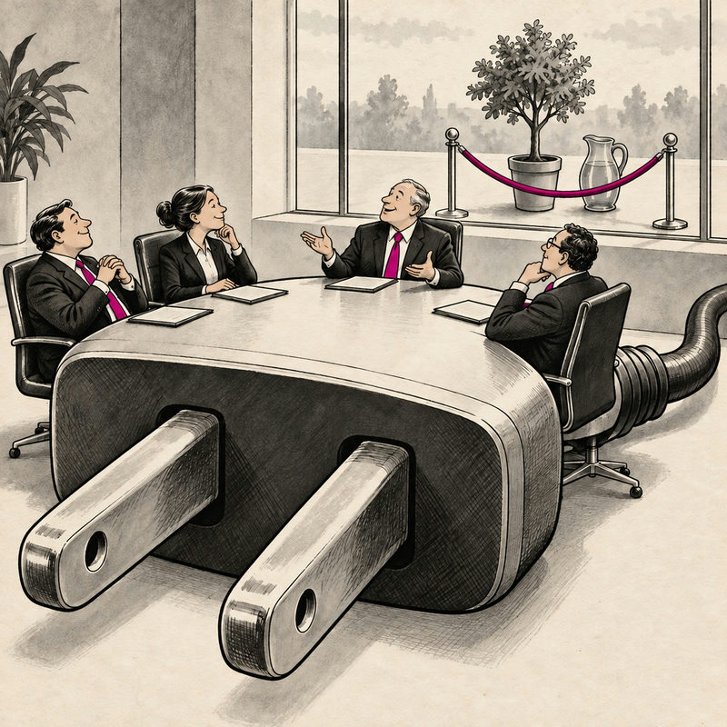 Democrawonk — Four suited people confer around a giant electrical-plug table while a tree and water jug wait behind a pink rope outside the window.