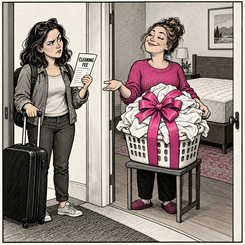 Democrawonk — A rental guest holds a cleaning-fee receipt while a smiling host presents a bow-wrapped basket of bed linens beside a bare mattress.
