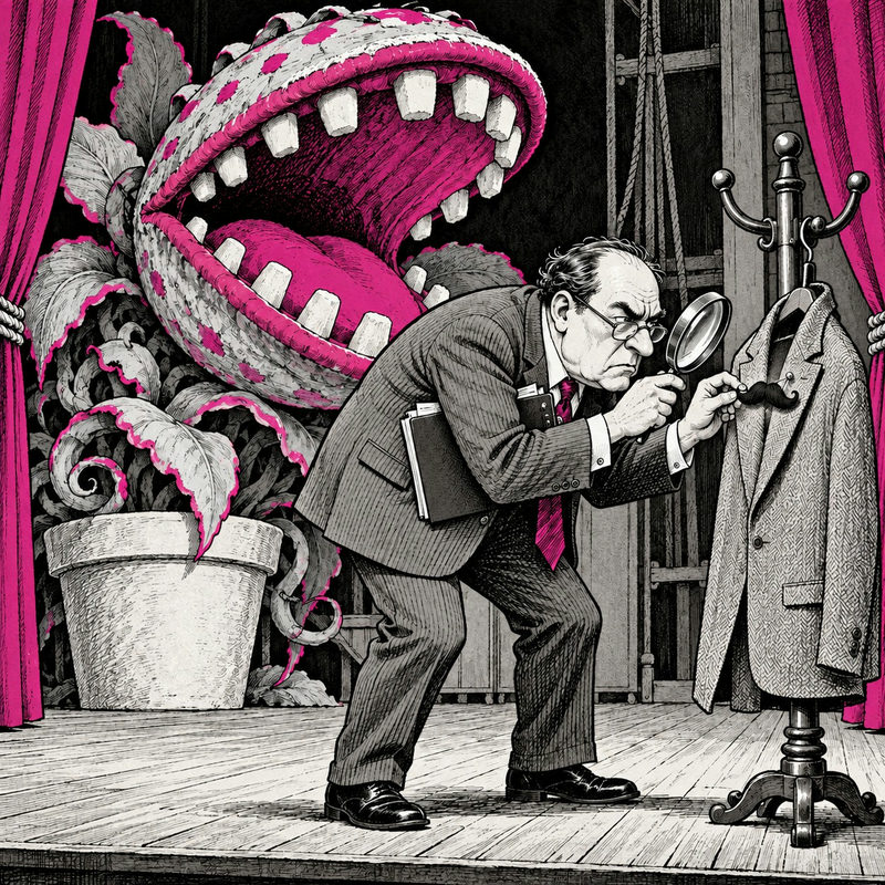 Democrawonk — An adult school bureaucrat examines a costume moustache beside a coat rack while a huge theatrical man-eating plant looms behind him.