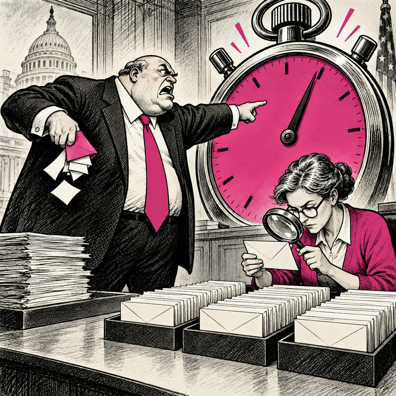 Democrawonk — A federal official brandishes a huge stopwatch while an election clerk examines ballot records.