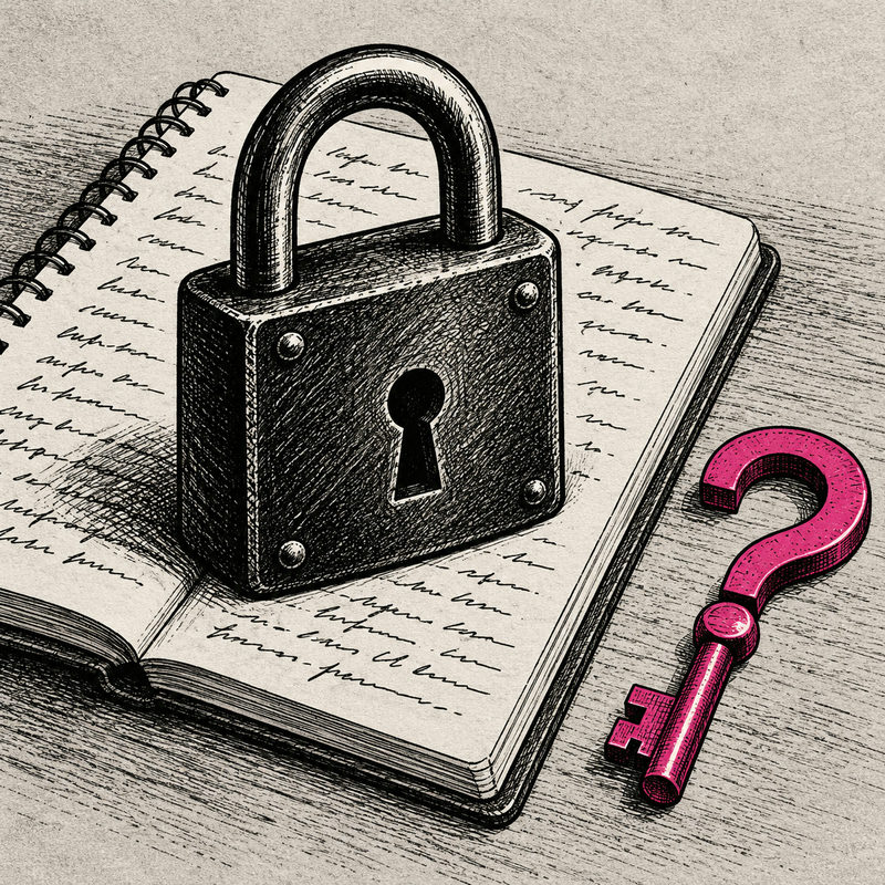 Democrawonk — A large black padlock rests on an open reporter's notebook beside a pink question-mark-shaped key.