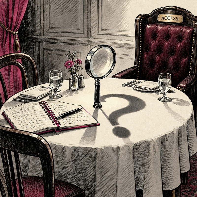 Two empty chairs flank a table with a notebook and magnifying glass; the chair marked Access faces a question-mark shadow.