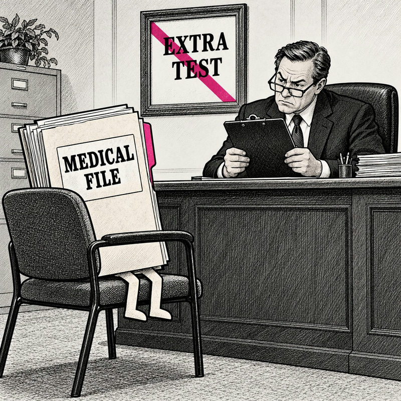 Democrawonk — A medical file sits for a bureaucratic interview beneath a crossed-out Extra Test sign.