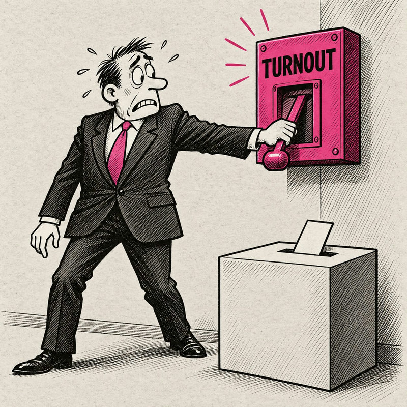 Democrawonk — An alarmed politician pulls a Turnout alarm beside an ordinary ballot box.