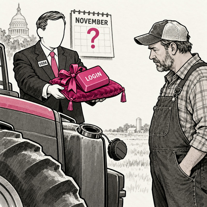 Democrawonk — A faceless USDA official offers a farmer a giant pink LOGIN key beside an open tractor fuel tank and a November calendar marked with a question mark.
