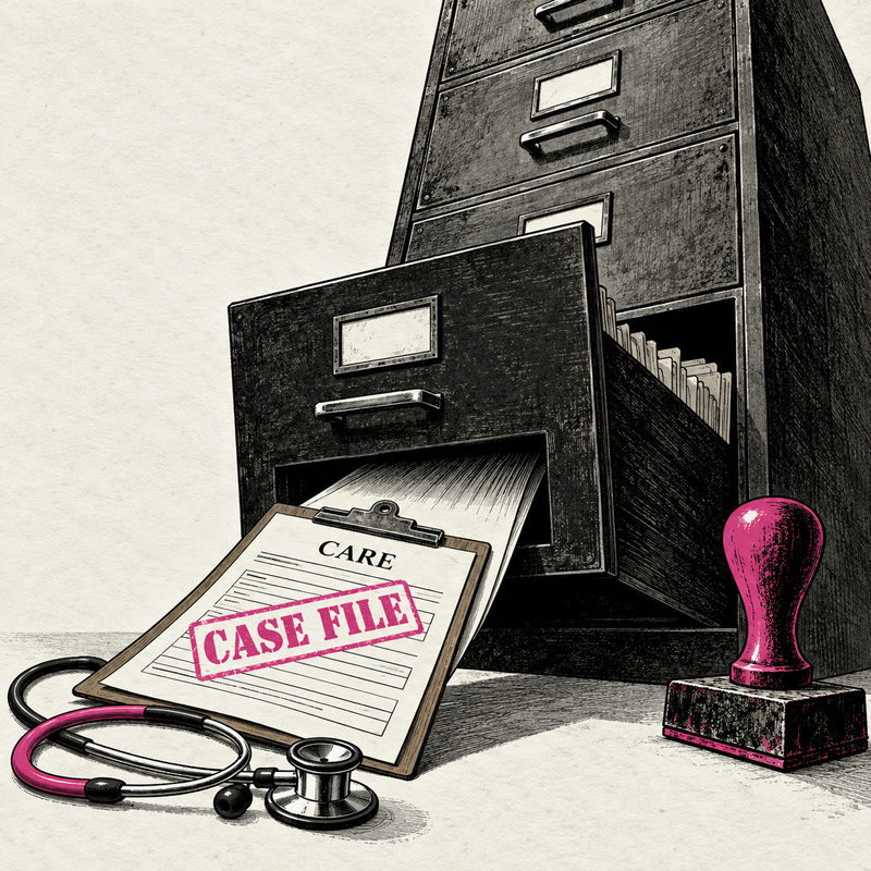 Democrawonk — A medical chart labeled CARE bears a pink CASE FILE stamp beside a stethoscope and filing cabinet.