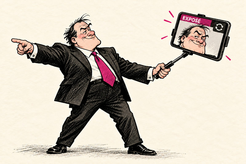 Fictional political influencer points away while his smartphone exposé displays his own face.