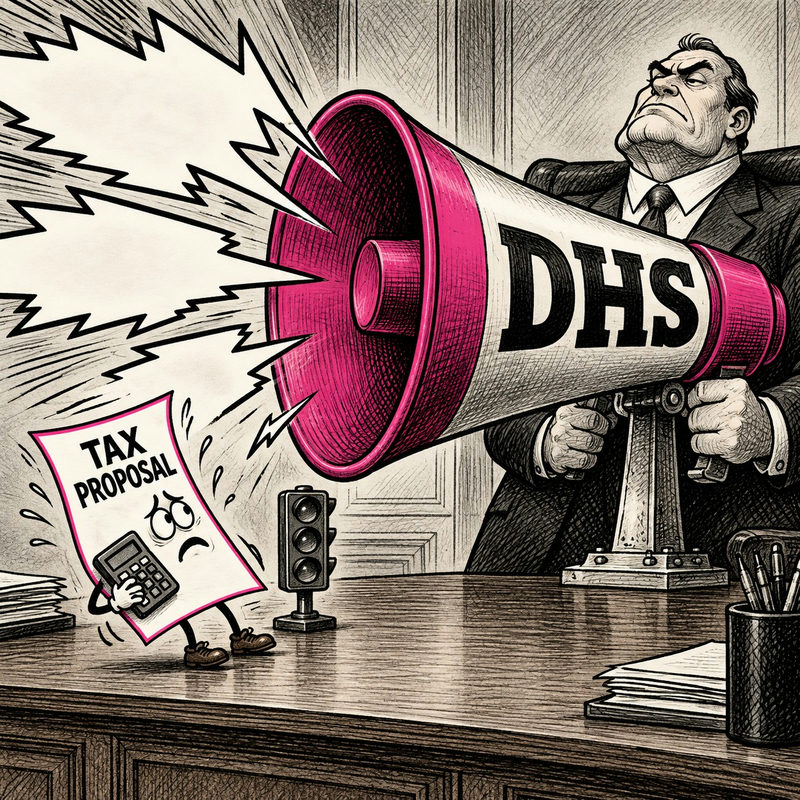 Democrawonk — A tiny Tax Proposal carrying a calculator recoils from a giant DHS megaphone beside a miniature traffic light.
