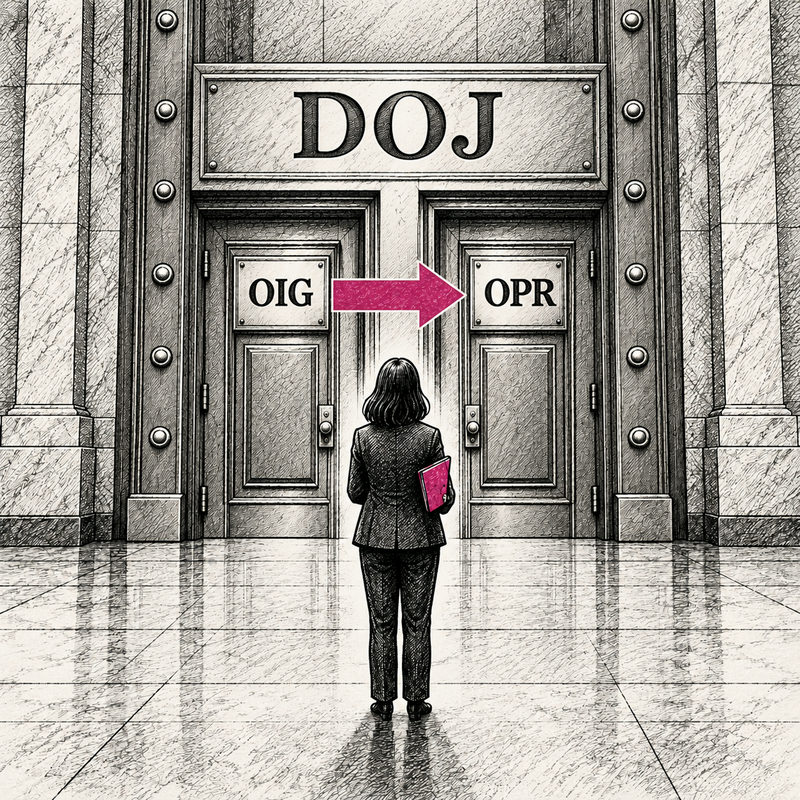 Democrawonk — A person with a pink folder faces OIG and OPR doors inside a larger DOJ doorway, with a single pink arrow directing the person from OIG to OPR.