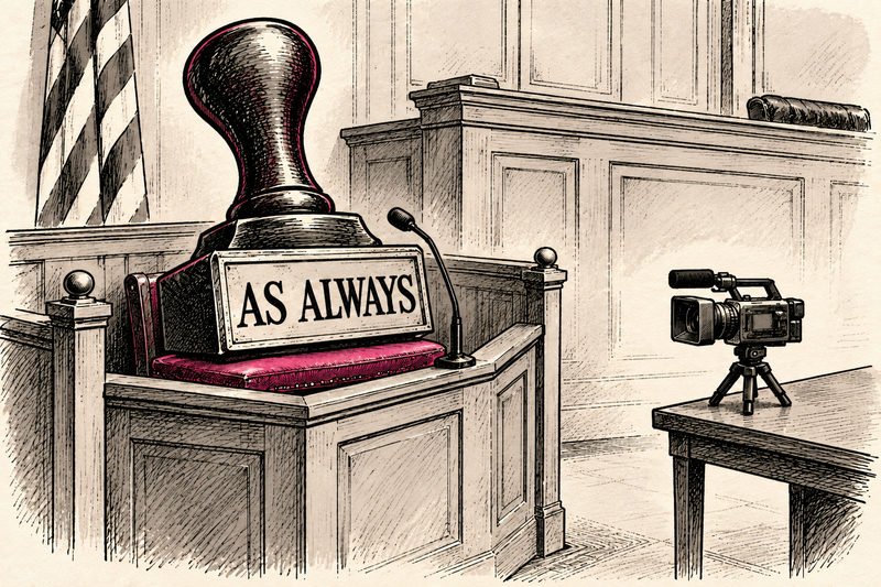 A fictional AS ALWAYS rubber stamp occupies a witness box while a separate video camera sits on a table, an allegory for self-certifying official rhetoric.