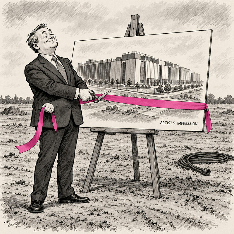Cartoon minister cuts a pink ribbon across an artist’s impression of a datacentre at an empty site.