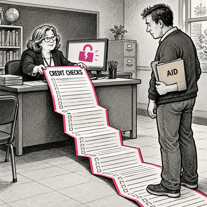 Democrawonk — An education official hands an aid applicant a sprawling Credit Checks homework list beside a broken-lock computer icon.