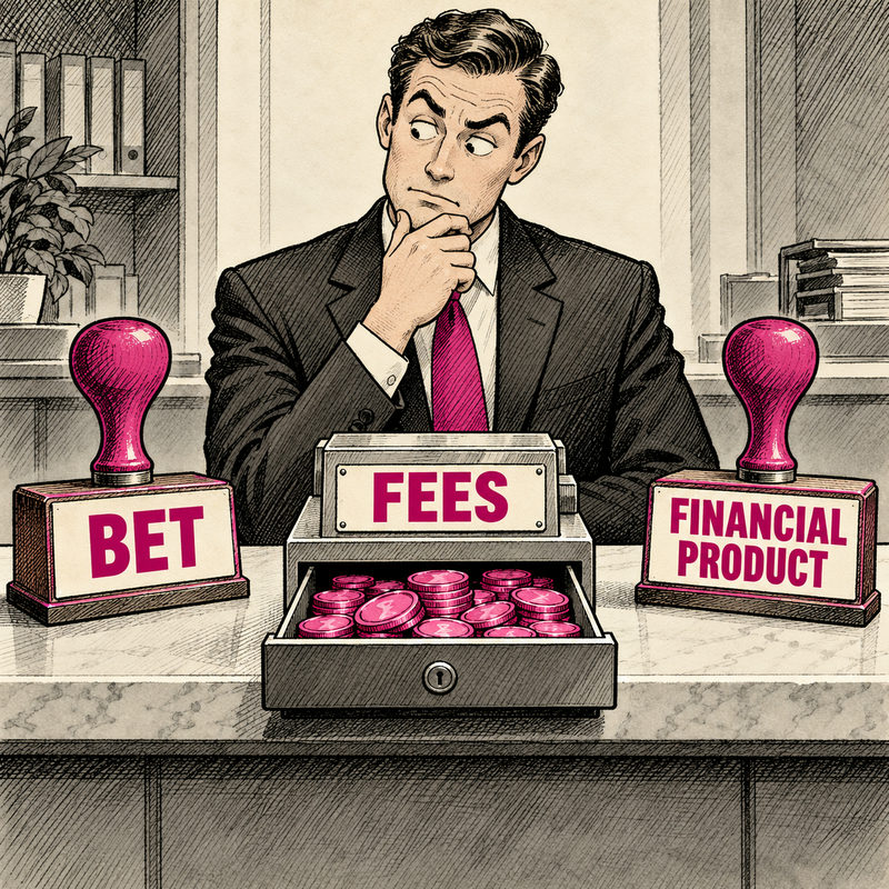 Democrawonk — A puzzled clerk sits between Bet and Financial Product stamps while a Fees drawer already holds pink coins.