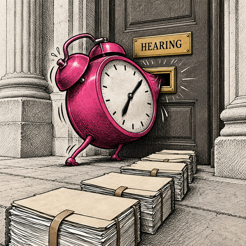 Democrawonk — An oversized pink alarm clock presses into a courtroom mail slot above a queue of legal files and a HEARING plaque.