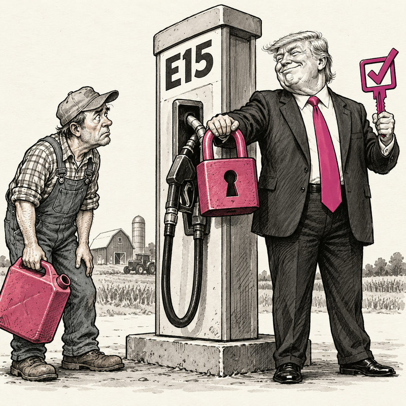 Cartoon of Trump holding a pink padlock beside an E15 pump and a ballot-shaped key while a farmer waits with a fuel can.