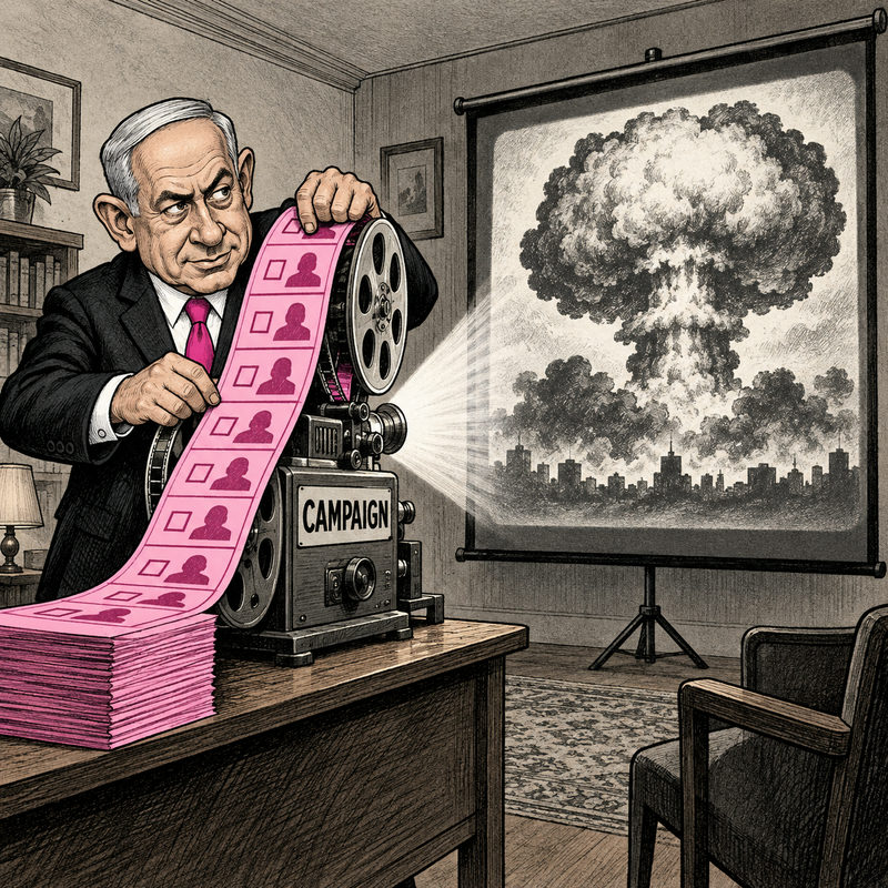 Democrawonk — Netanyahu feeds pink ballot-shaped film through a campaign projector showing a mushroom cloud on a bounded screen.