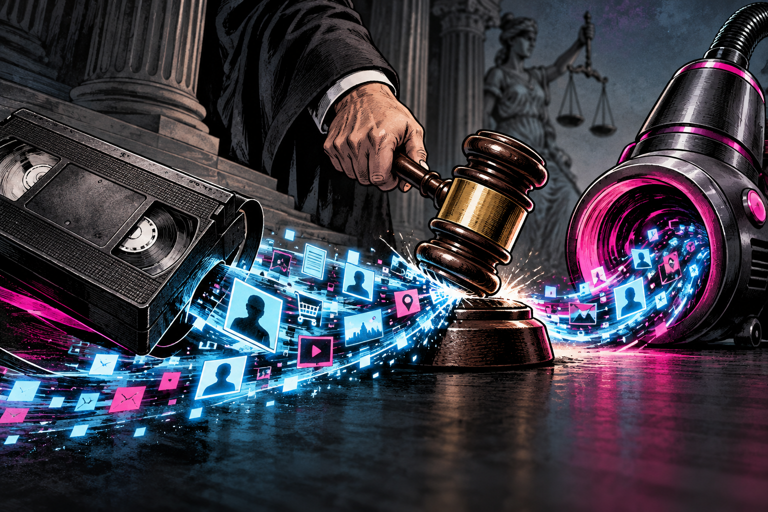 A courthouse gavel blocks personal viewing data flowing from a VHS tape toward an advertising vacuum.