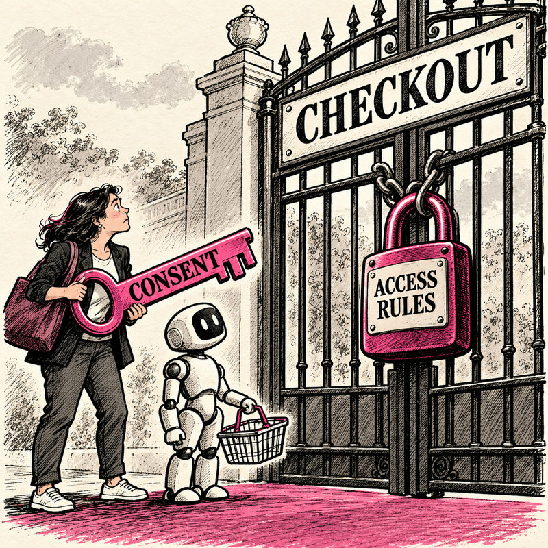 A shopper holds a CONSENT key beside a small robot facing a CHECKOUT gate locked with ACCESS RULES.