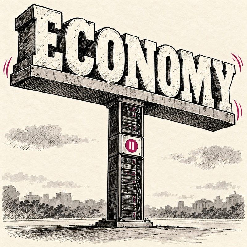An oversized ECONOMY sign balances on a narrow server-rack pedestal bearing a pause symbol.