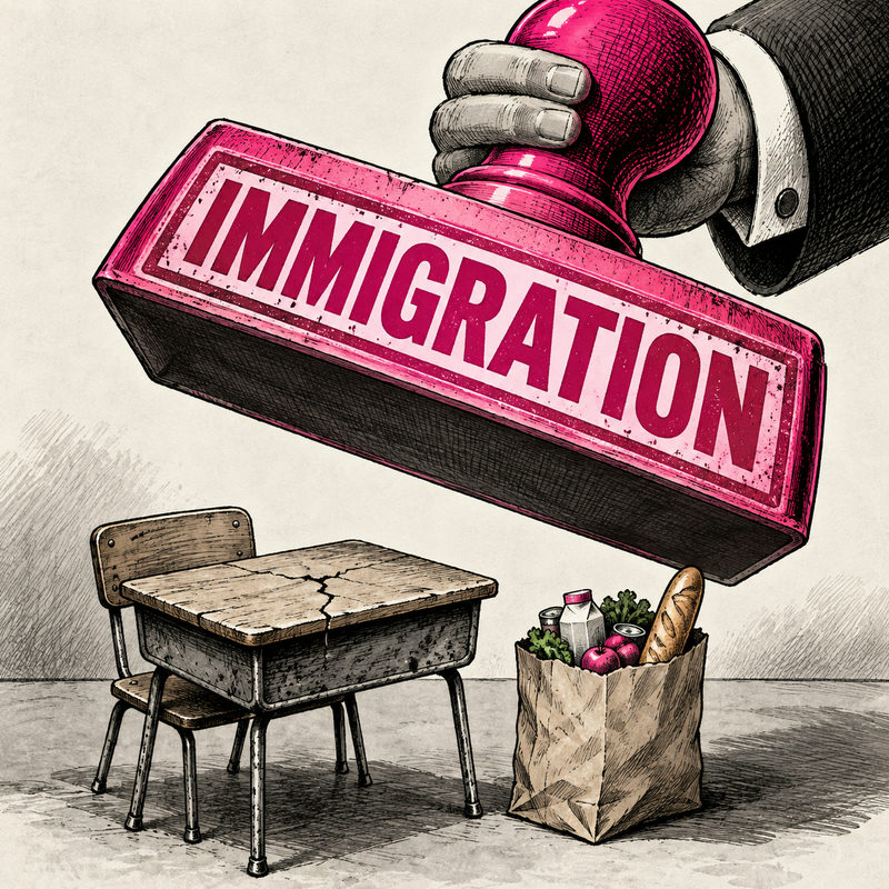 A giant pink stamp marked IMMIGRATION hovers above a cracked school desk and a bag of groceries.