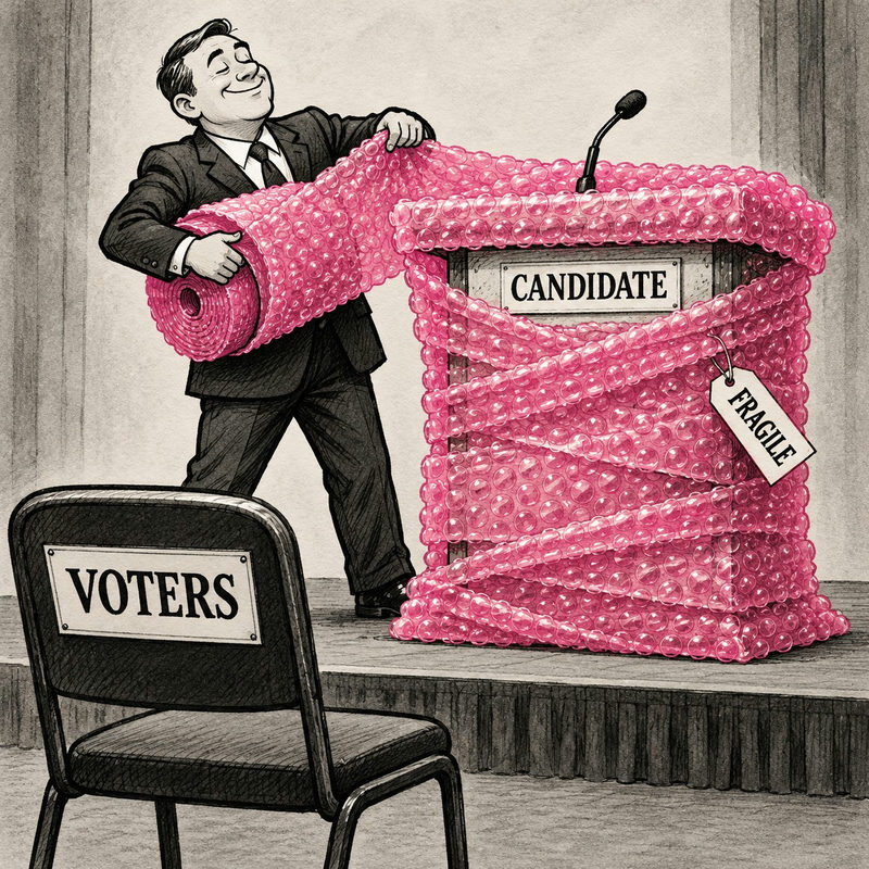 Democrawonk — A campaign consultant bubble-wraps an empty candidate podium facing a chair labeled Voters.
