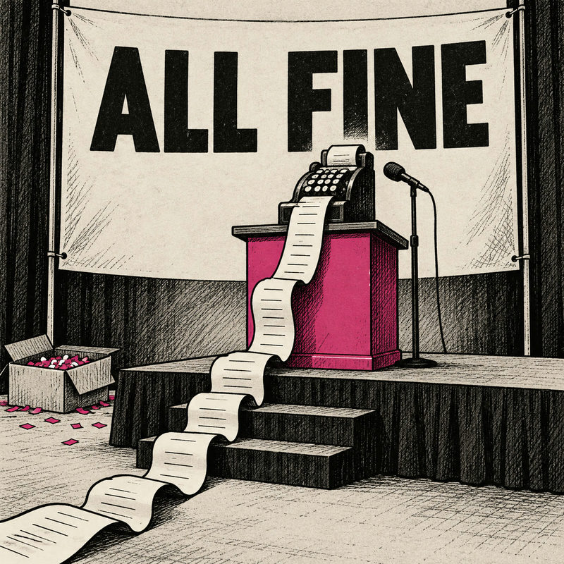 Democrawonk — A cash register on a pink campaign lectern prints a long receipt down the steps beneath an ALL FINE banner.