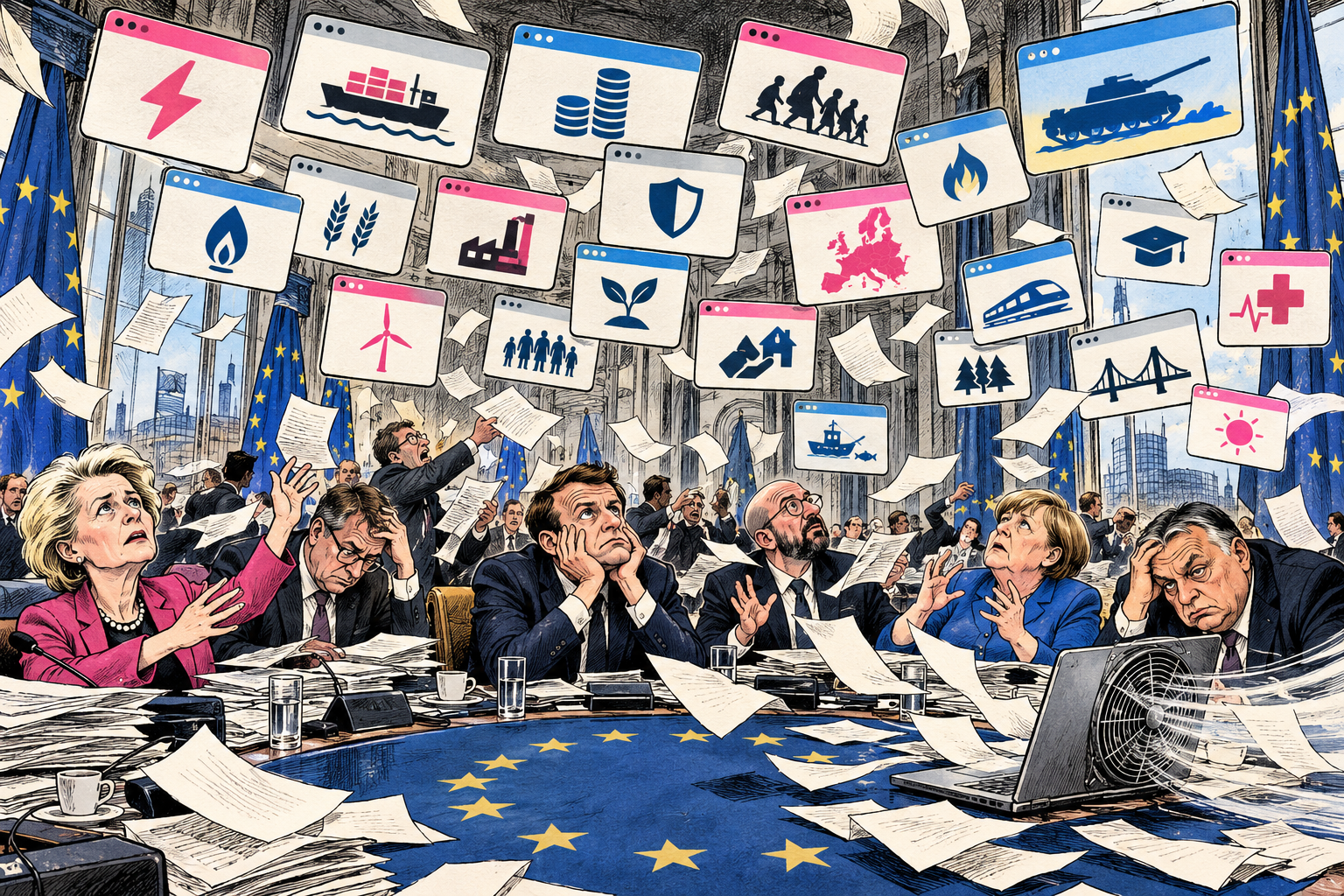 European leaders sit around a conference table overwhelmed by twenty-seven floating browser tabs labeled energy, trade, budget and Ukraine.