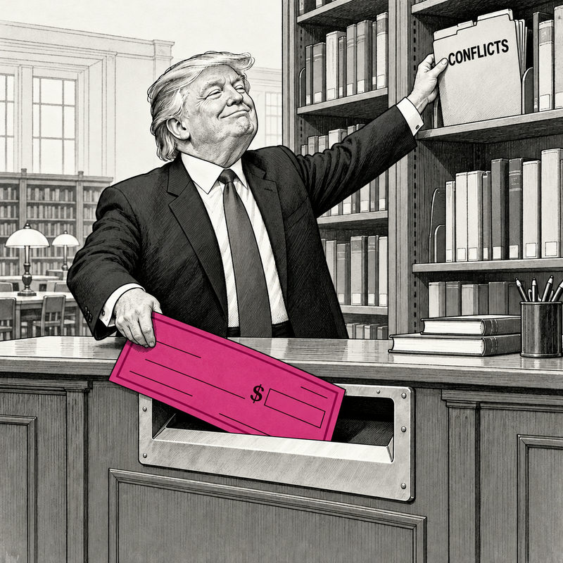 Democrawonk — Trump shelves a folder marked CONFLICTS while sliding a large pink check into a library book-return slot.