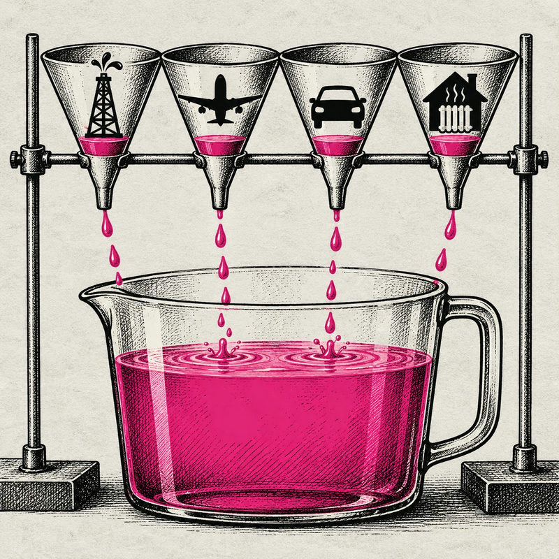 Democrawonk — Four funnels marked with oil, aviation, car and home-heating symbols feed one shared pink reservoir.