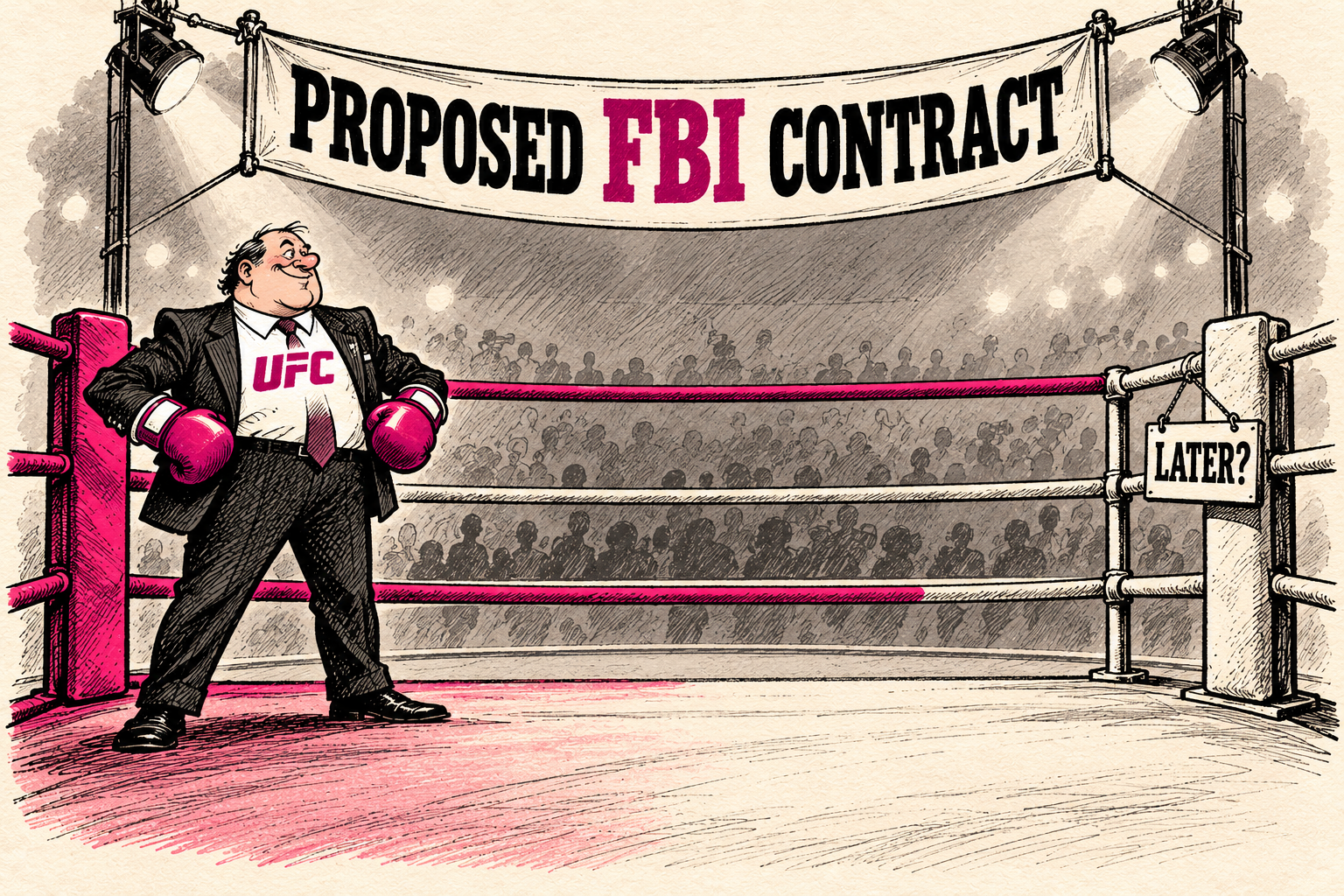 An executive in UFC-branded clothing and boxing gloves waits in a symbolic ring beneath Proposed FBI Contract, opposite an empty corner marked Later?